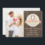Coral Western Horseshoe Save the Date Card<br><div class="desc">THEY'RE GETTING HITCHED! LOVELY WESTERN BARNYARD STYLE SAVE THE DATE CARDS AND ANNOUNCEMENTS WITH A BROWN HORSESHOE AND A CORAL HEART FLANKING EACH SIDE OF IT ON A DELICATE CREAM PAPER DOILY LOOK DESIGN. PRETTY WHITE CHERRY BLOSSOM TREE BRANCHES OF FLOWERING LAUREL AND YELLOW SUNFLOWER DAISY BROWN EYED SUSAN AND...</div>