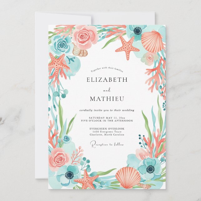 Coral Whimsical Coastal Wedding Invitation (Front)
