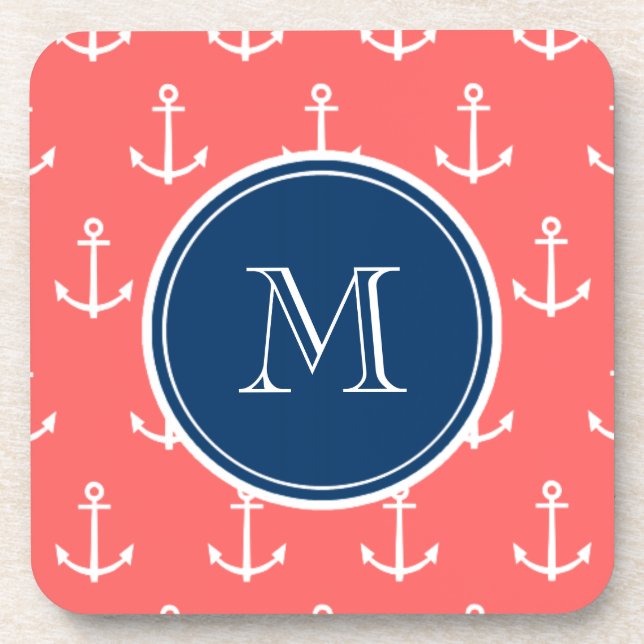 Coral White Anchors Pattern, Navy Blue Monogram Coaster (Front)