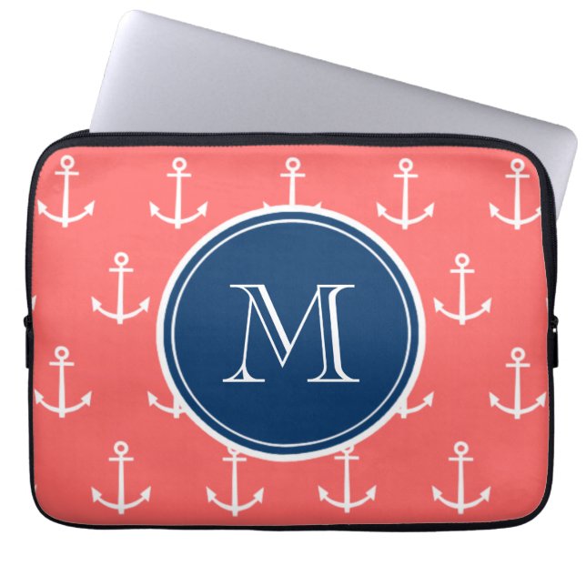 Coral White Anchors Pattern, Navy Blue Monogram Laptop Sleeve (Front)
