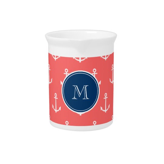 Coral White Anchors Pattern, Navy Blue Monogram Pitcher