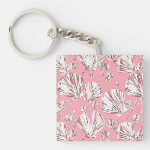 Coral, white and pink sea shells, pink background keychain