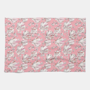 Coral, white and pink sea shells, pink background kitchen towel