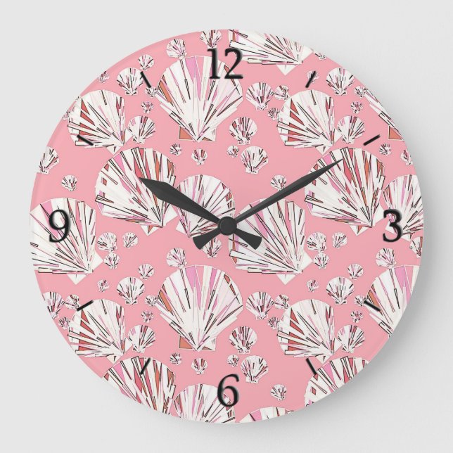 Coral, white and pink sea shells, pink background large clock (Front)