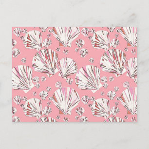 Coral, white and pink sea shells, pink background postcard