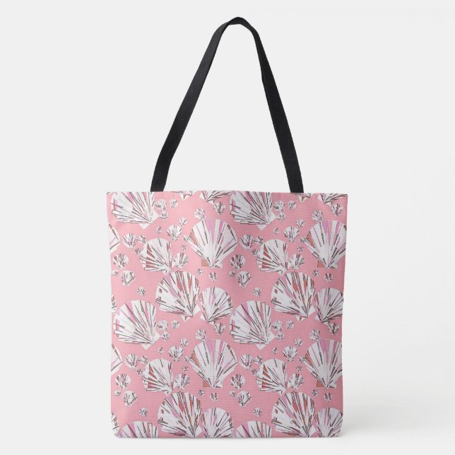Coral, white and pink sea shells, pink background tote bag (Front)