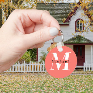 Coral & White Custom Monogram Keychain