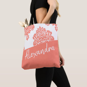 Coral White Damask Pattern Modern Personalized Tote Bag