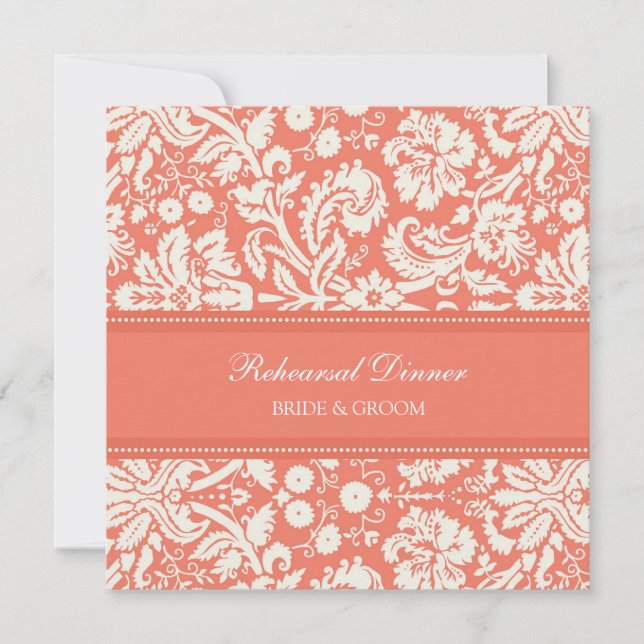 Coral White Damask Rehearsal Dinner Party Invitation (Front)