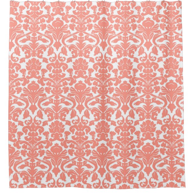 Coral White Floral Damask Shower Curtain (Front)