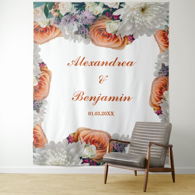  Coral White Floral Wedding Photo Backdrop Tapestry (In Situ)