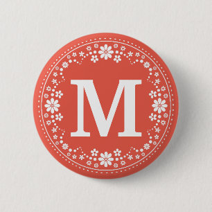 Coral White Floral Wreath Monogram 2 Inch Round Button