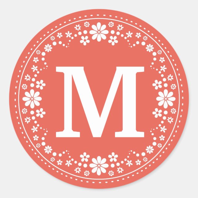 Coral White Floral Wreath Monogram Classic Round Sticker (Front)