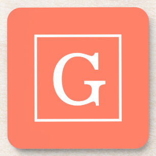 Coral White Framed Initial Monogram Coaster