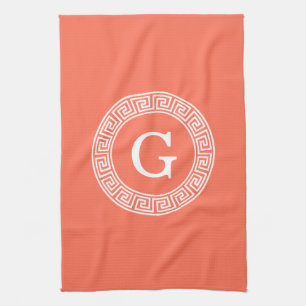 Coral White Greek Key Rnd Frame Initial Monogram Kitchen Towel