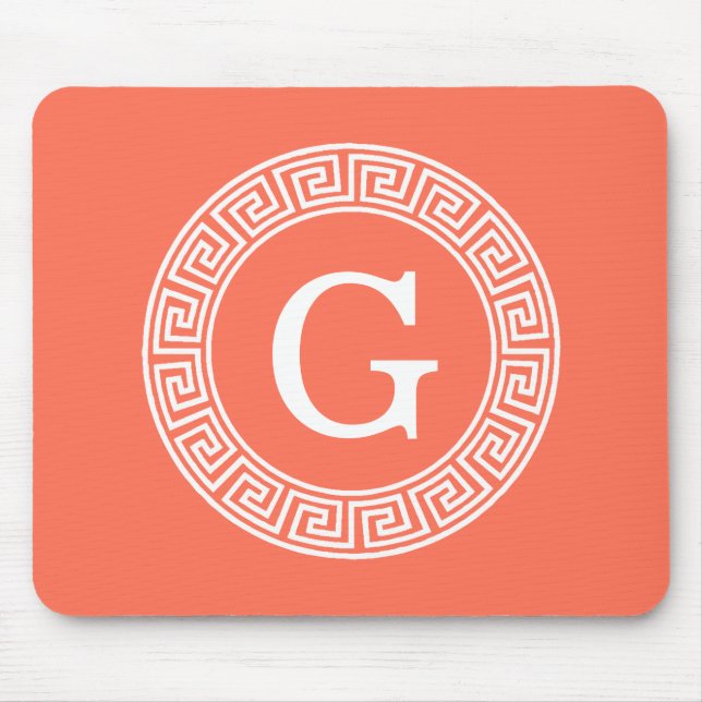 Coral White Greek Key Rnd Frame Initial Monogram Mouse Pad (Front)