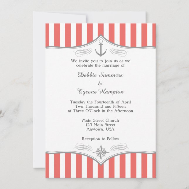 Coral White Grey Nautical Wedding Invitation (Front)