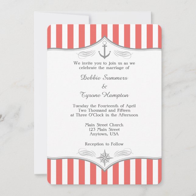 Coral White Grey Nautical Wedding Invitation (Front)