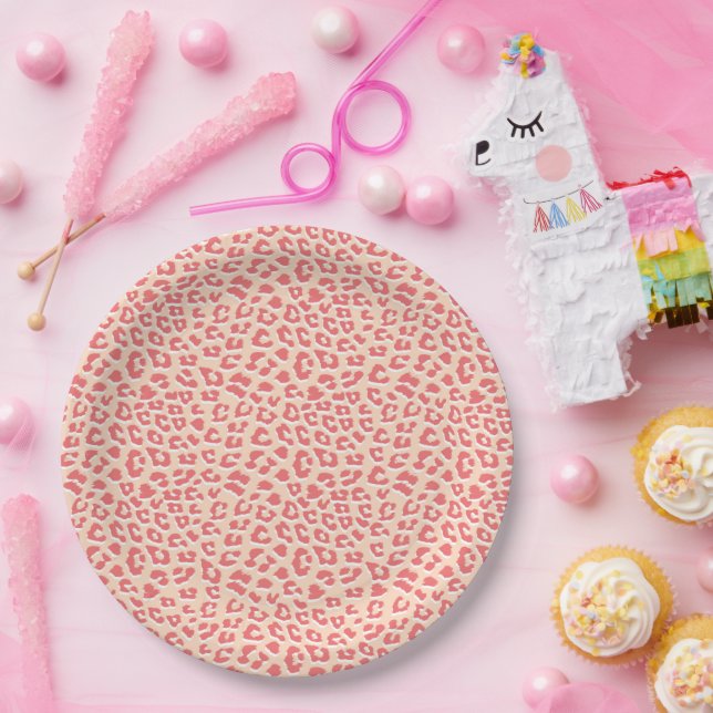 Coral White Leopard Print Paper Plate (Party)