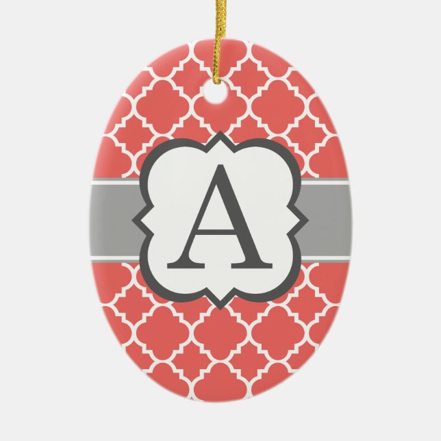 Coral White Monogram Letter A Quatrefoil Ceramic Ornament (Front)