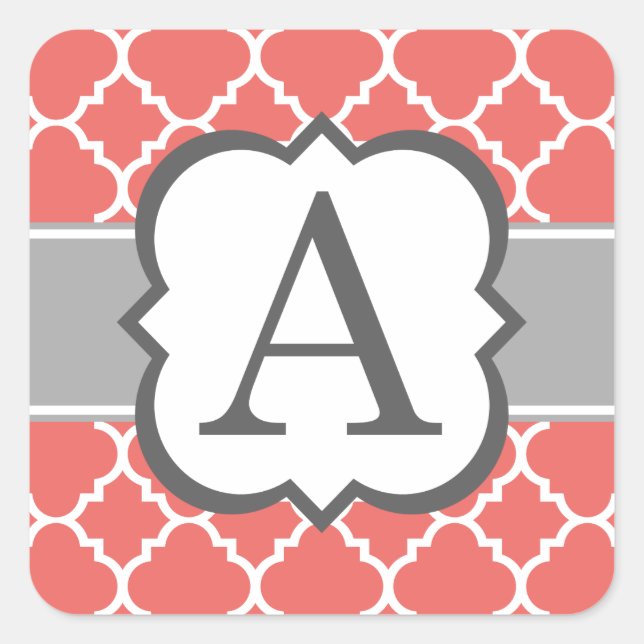Coral White Monogram Letter A Quatrefoil Square Sticker (Front)