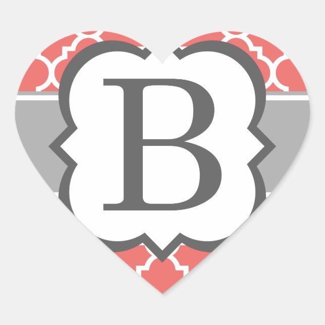 Coral White Monogram Letter B Quatrefoil Heart Sticker (Front)