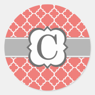 Coral White Monogram Letter C Quatrefoil Classic Round Sticker