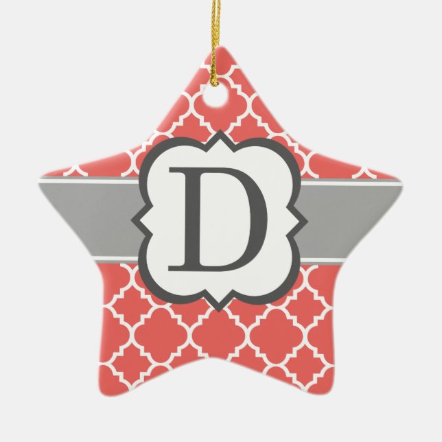 Coral White Monogram Letter D Quatrefoil Ceramic Ornament (Front)