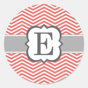 Coral White Monogram Letter E Chevron Classic Round Sticker