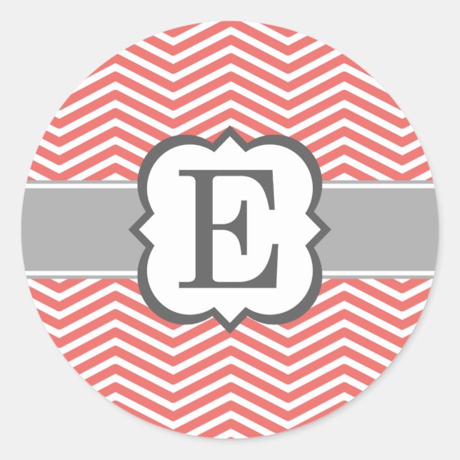 Coral White Monogram Letter E Chevron Classic Round Sticker (Front)