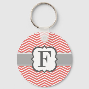 Coral White Monogram Letter F Chevron Keychain