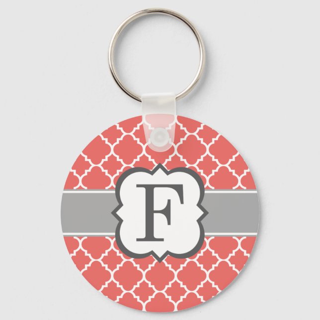 Coral White Monogram Letter F Quatrefoil Keychain (Front)