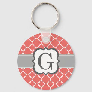 Coral White Monogram Letter G Quatrefoil Keychain
