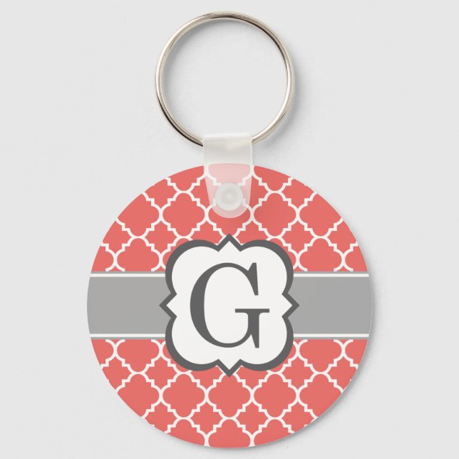 Coral White Monogram Letter G Quatrefoil Keychain (Front)