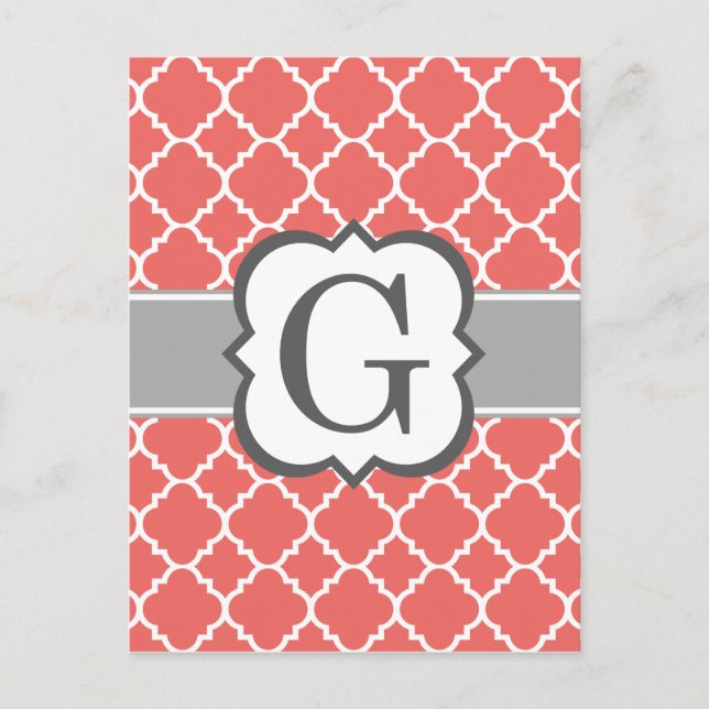 Coral White Monogram Letter G Quatrefoil Postcard (Front)