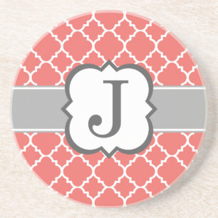 Coral White Monogram Letter J Quatrefoil Coaster
