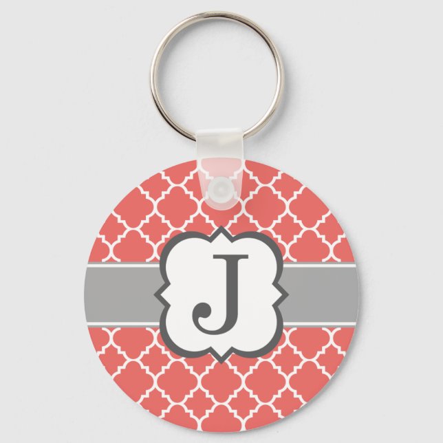 Coral White Monogram Letter J Quatrefoil Keychain (Front)