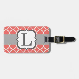 Coral White Monogram Letter L Quatrefoil Luggage Tag