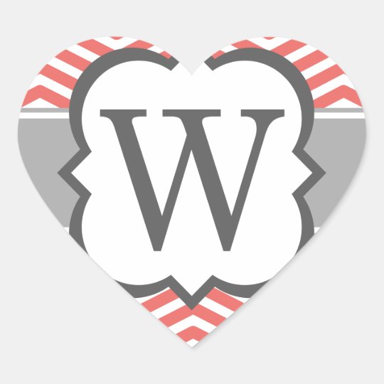 Coral White Monogram Letter W Chevron Heart Sticker