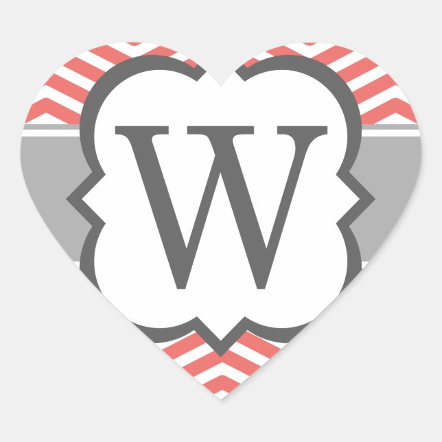 Coral White Monogram Letter W Chevron Heart Sticker (Front)