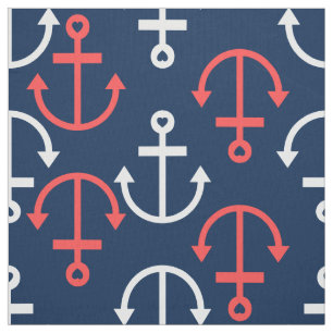 Coral & White Nautical Boat Anchors Pattern Fabric