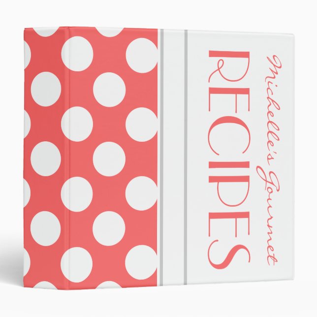 Coral | White Polka Dots Pattern Monogram Recipe Binder (Front/Spine)