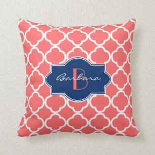 Coral & White Quatrefoil Geometric Pattern Throw Pillow