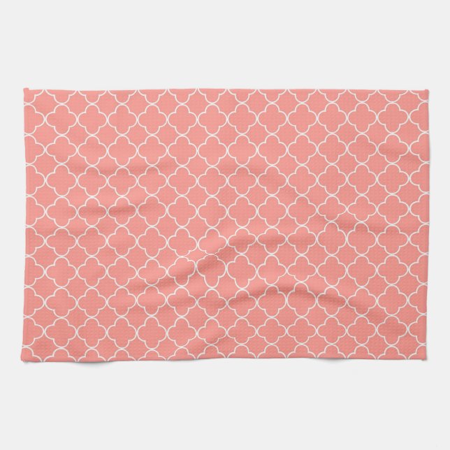 Coral White Quatrefoil Kitchen Cloth Towel (Horizontal)