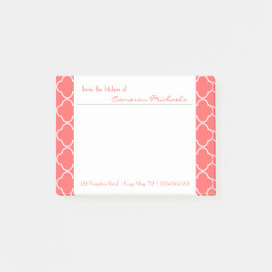 Coral   White Quatrefoil Pattern Monogram Post-it Notes