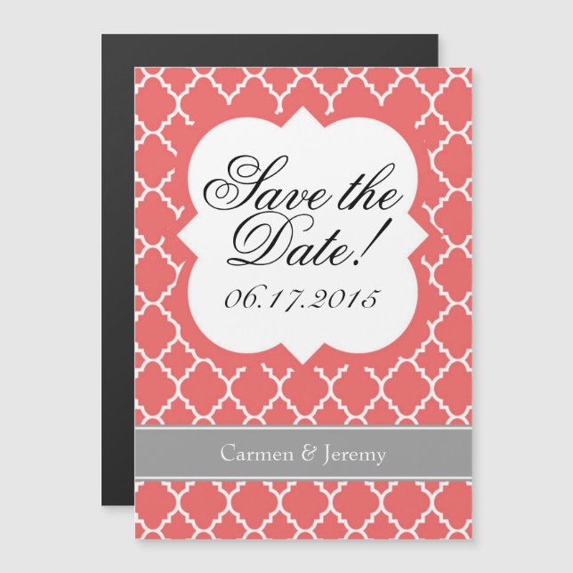 Coral White Quatrefoil Save The Date Magnet (Front/Back)