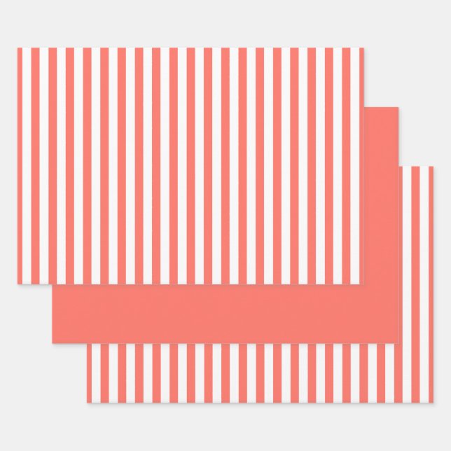 Coral White Simple Stripes Pattern Geometric Wrapping Paper Sheet (Set)