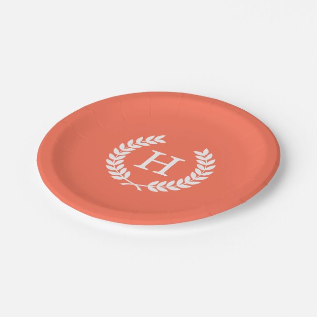 Coral White Wheat Laurel Wreath Initial Monogram Paper Plate (Angled)