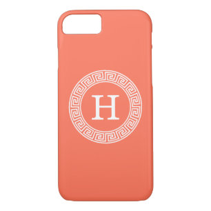 Coral Wht Greek Key Rnd Frame Initial Monogram Case-Mate iPhone Case