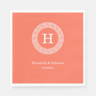 Coral Wht Greek Key Rnd Frame Initial Monogram Napkin